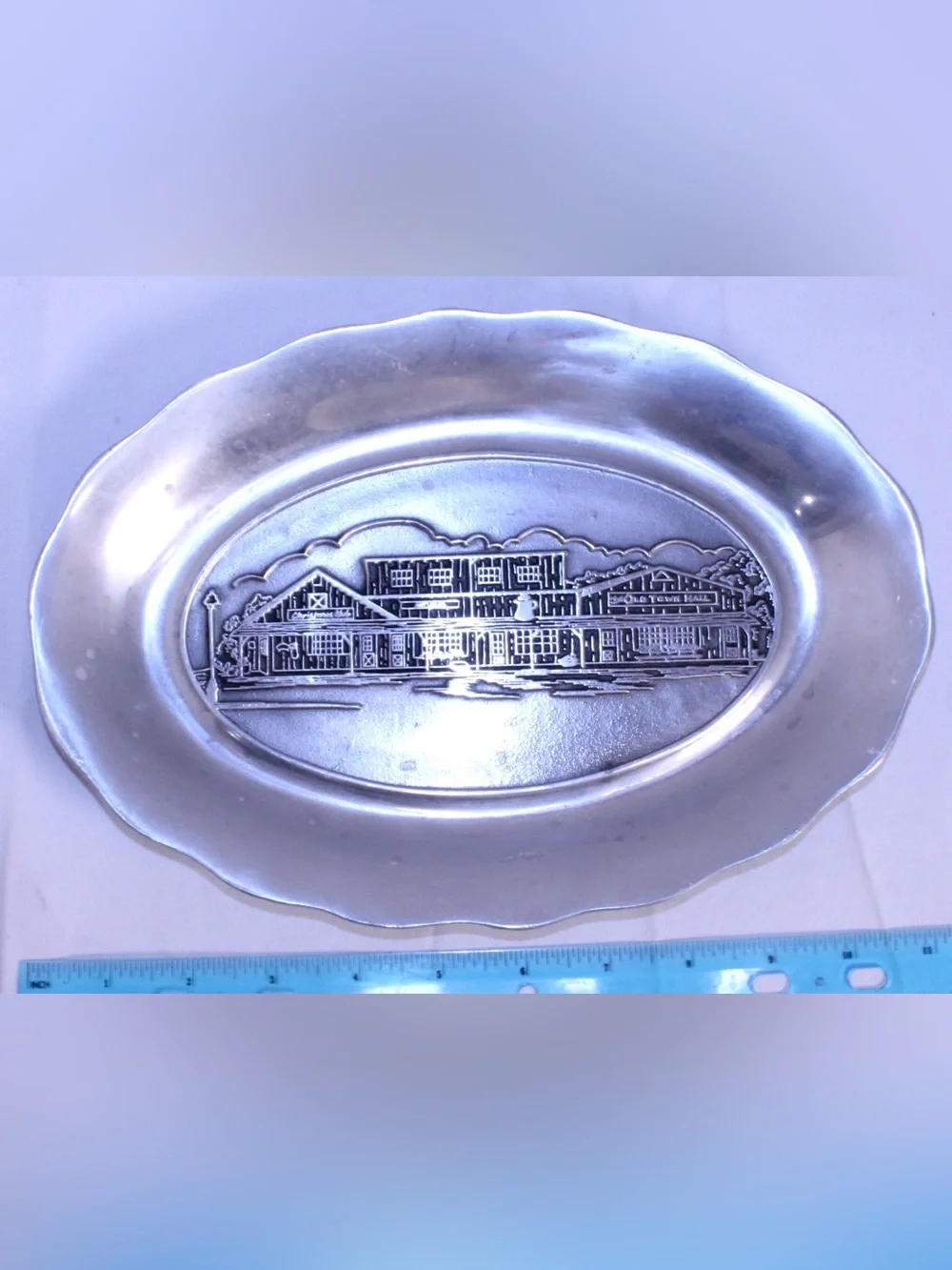 Vintage Pewter Oval Platter Old Town Hall Commemorative Embossed Serving Plate